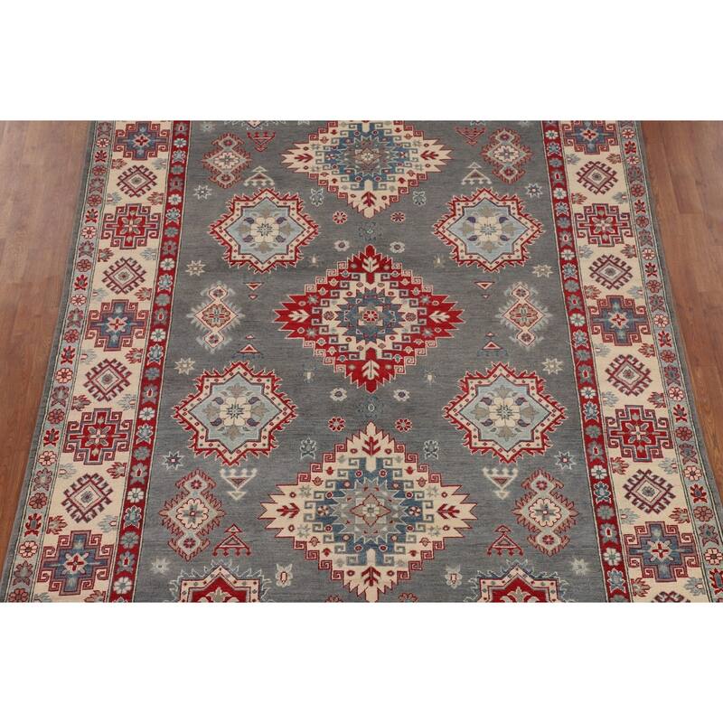 Hand Knotted Oriental 100% Wool Carpet Traditional Geometric Greys & Charcoal Kazak Area Rug - 9' 6'' X 6' 11''