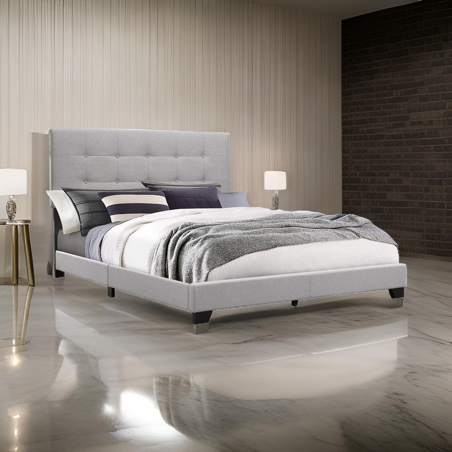 Lawrence Queen Size Bed, Wood Frame, Light Gray Button Tufted Upholstery