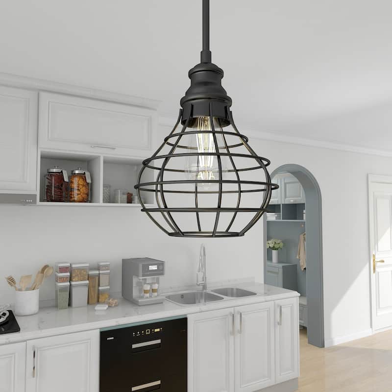 1-light pendant with black finish and steel cage shade