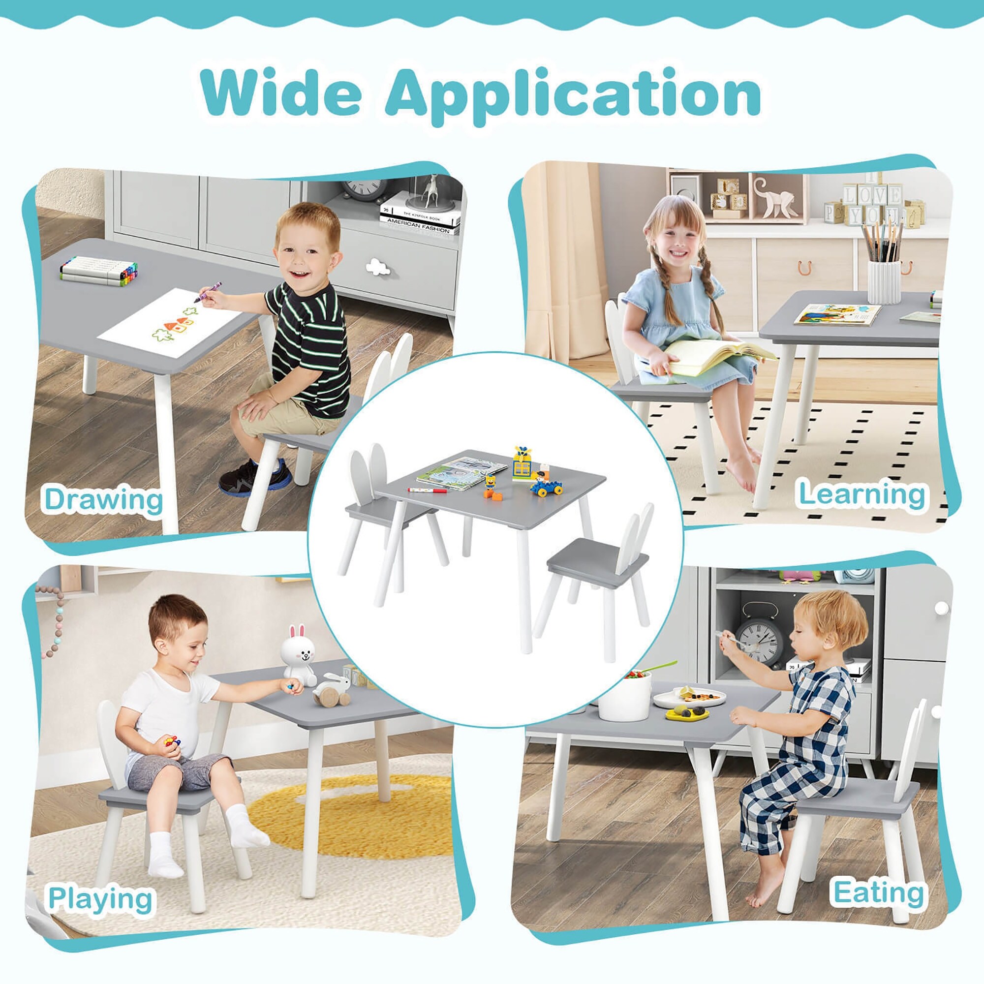 Gymax 3 Pieces Kids Table & Chairs Set Children Wooden