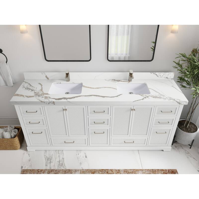 Willow Collections 84 in. W x 22 in. D Alys Double Bowl Sink Bathroom Vanity with Countertop - 2"Calacatta Gold - White