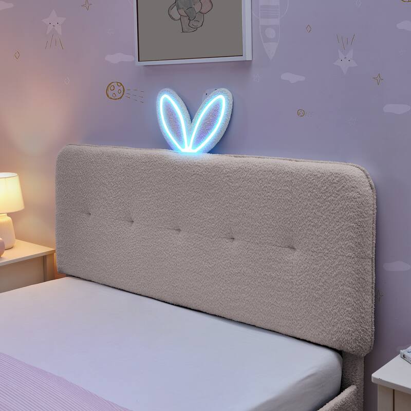 Kids Boucle Upholstered Bed with Rabbit Ear Headboard, LED Music Sync & 4 Drawers