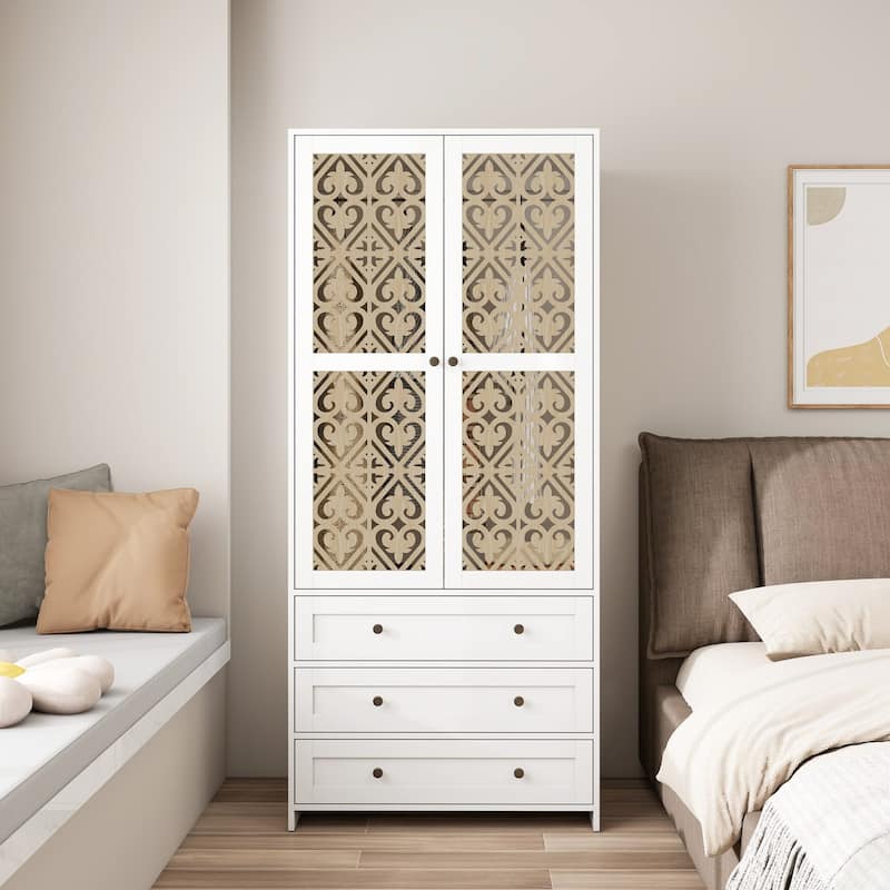 Armoire Wardrobe Closet, 71" Wooden Wardrobe Cabinet with 3 Drawers, Hanging Rod, 2 Doors Clothing Storage Cabinet