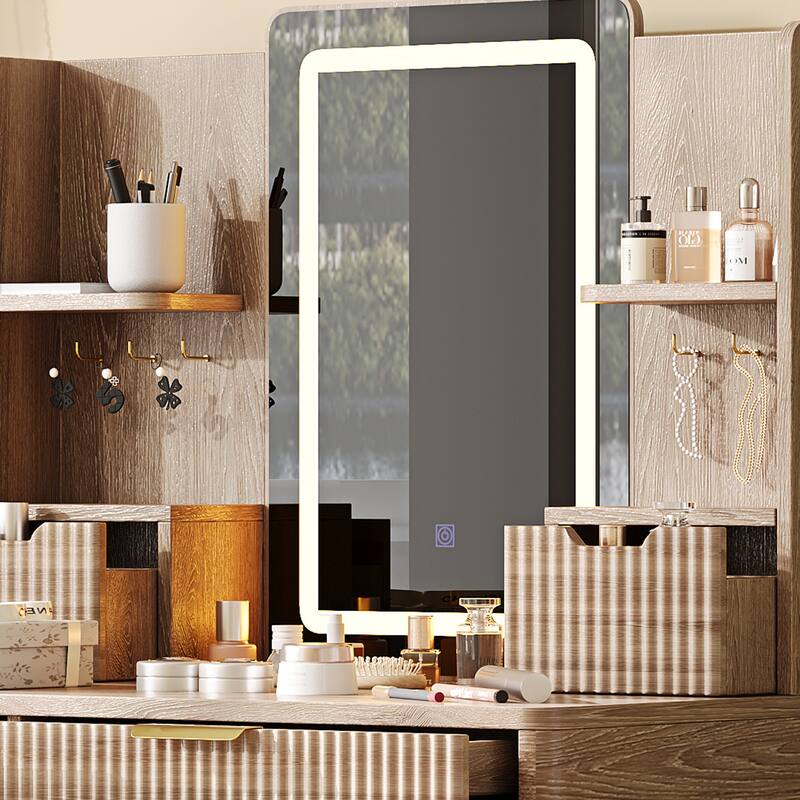 Fluted Makeup Table Vanity Set with LED Mirror, Metal Legs &Jewelry Storage, Carved Dressing Table & PU Stool Set