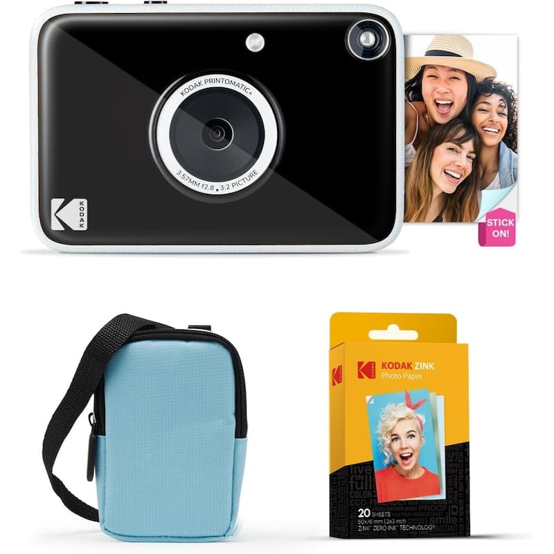 KODAK Printomatic+ Instant Camera Bundle 10MP w/ Blue Case & 20 Zink Paper - Black