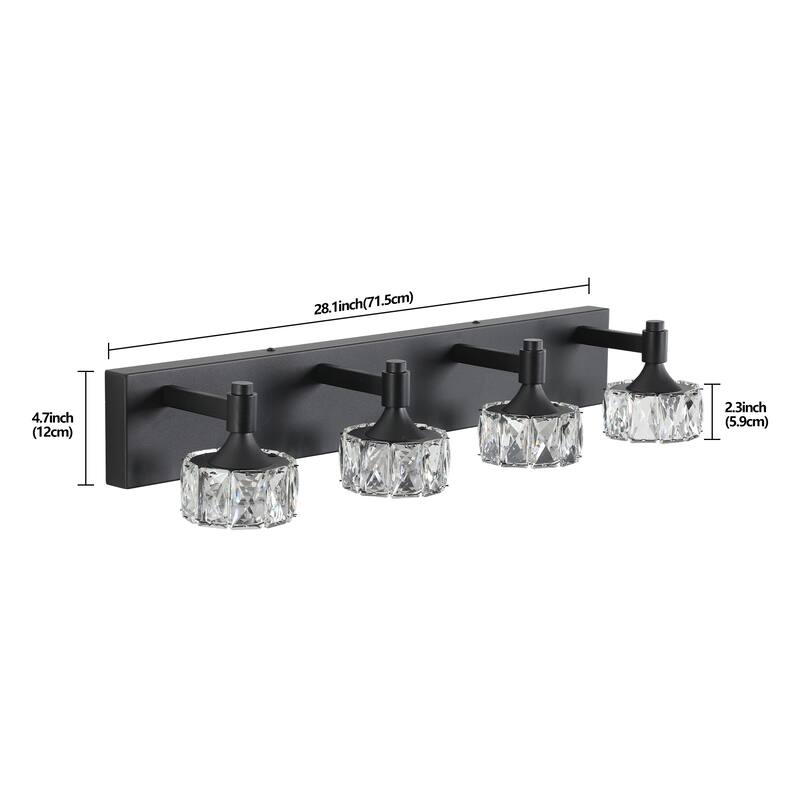 Modern 4-Light Matte Black LED Vanity Light Fixture with Crystal Glass Shades, Bathroom Wall Sconce