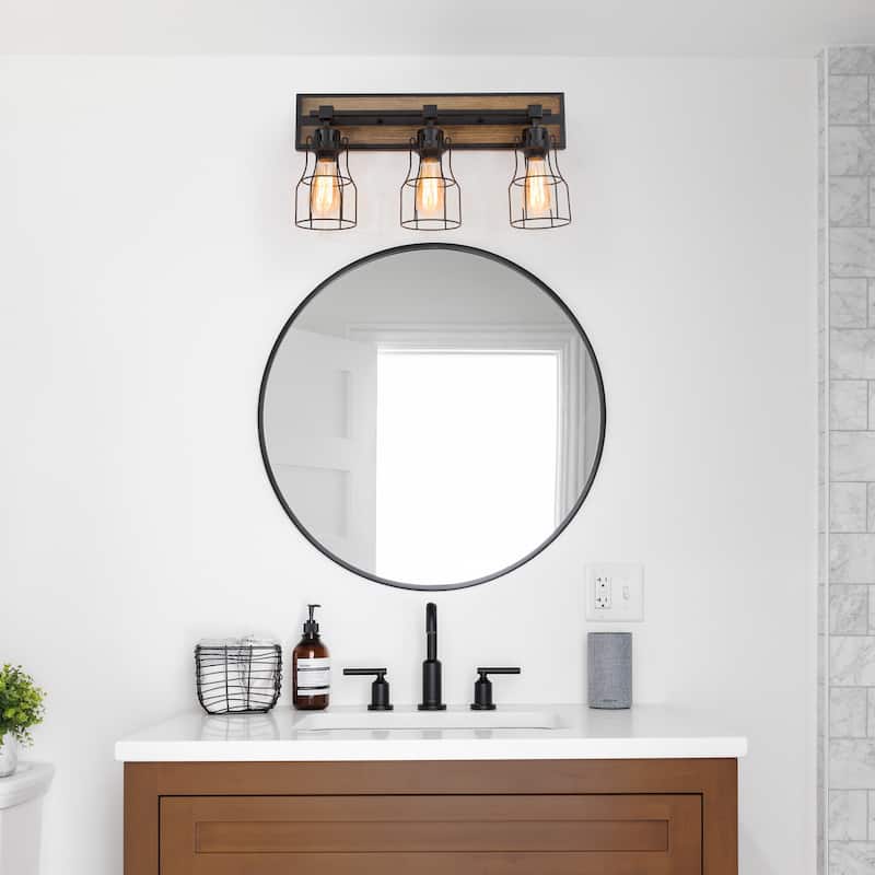 Ino Farmhouse 3-Light Wood Grain Bathroom Vanity Lights Wall Sconces - 21"L x 11.5"H x 6" D