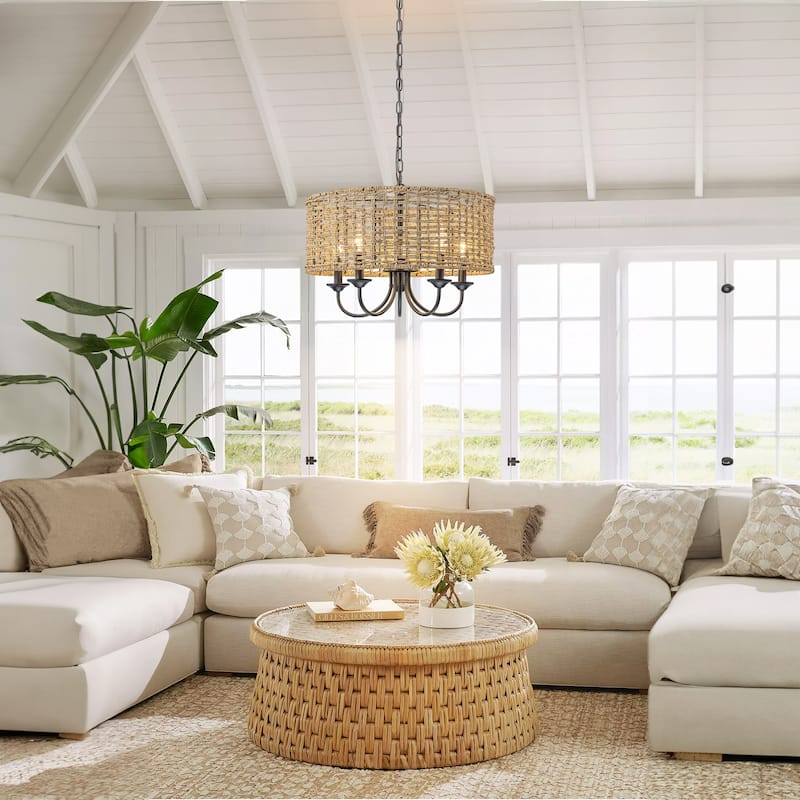 5-Light Modern Boho Hand Woven Drum Chandelier with Farmhouse Natural Rattan Shade - 19.6 in. W x 8.2 in. H