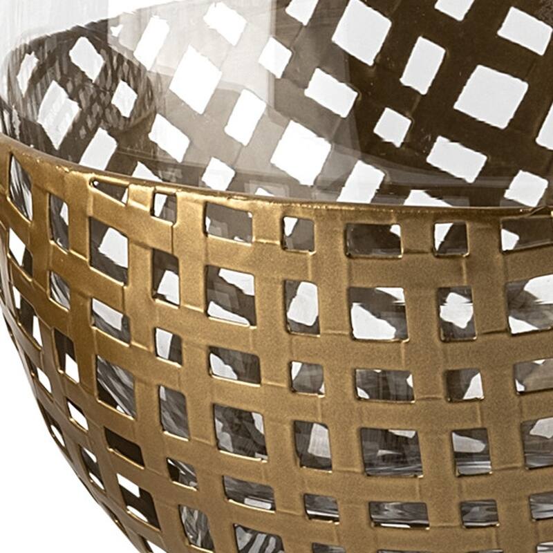 10" Gold And Clear Woven Metal And Glass Tabletop Hurricane Candle Holder