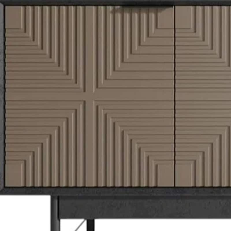 HomeRoots 65" Beige And Black Wood Carved Geo Texture Enclosed Storage TV Stand - 64.50 in. x 26.06 in. x 15.35 in.