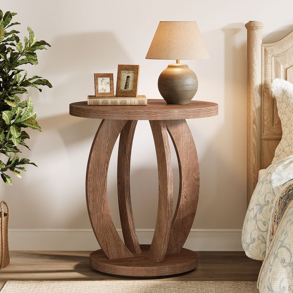 Round Nightstand with Storage Large Bedside Table for Bedroom