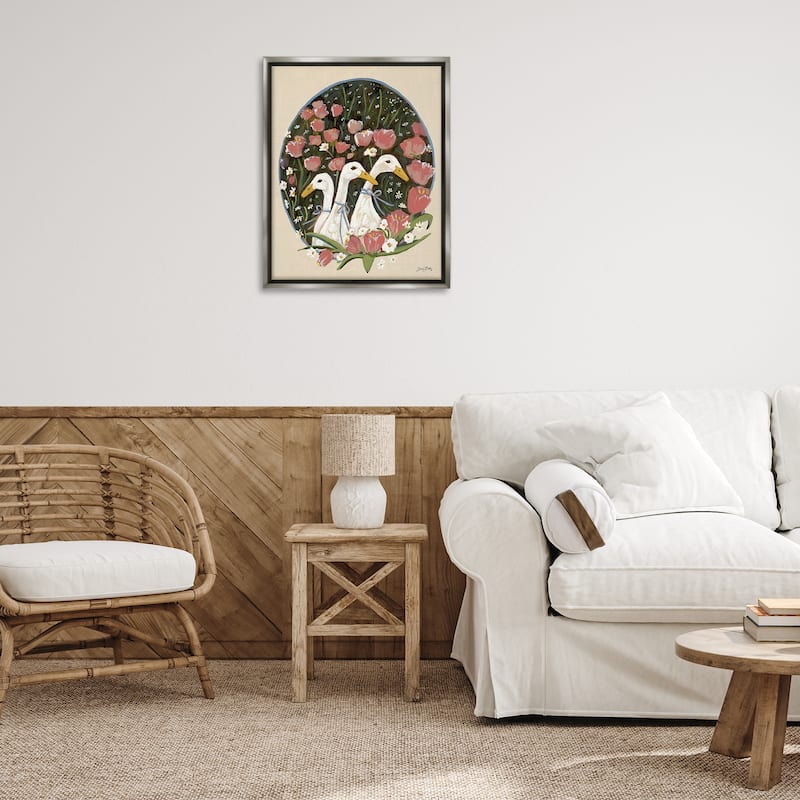 Stupell Ducks with Cottage Blooms Framed Floater Canvas Wall Art Design By Sara Baker