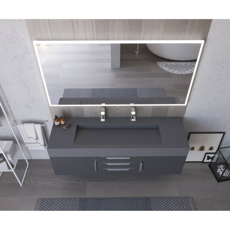 Nile 60" Wall Mounted Bathroom Vanity Set with Gray Solid Surface Top