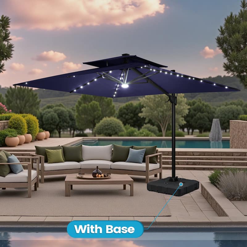 9 x 11 FT Outdoor LED Lighted Double Top Patio Cantilever Umbrella with Base