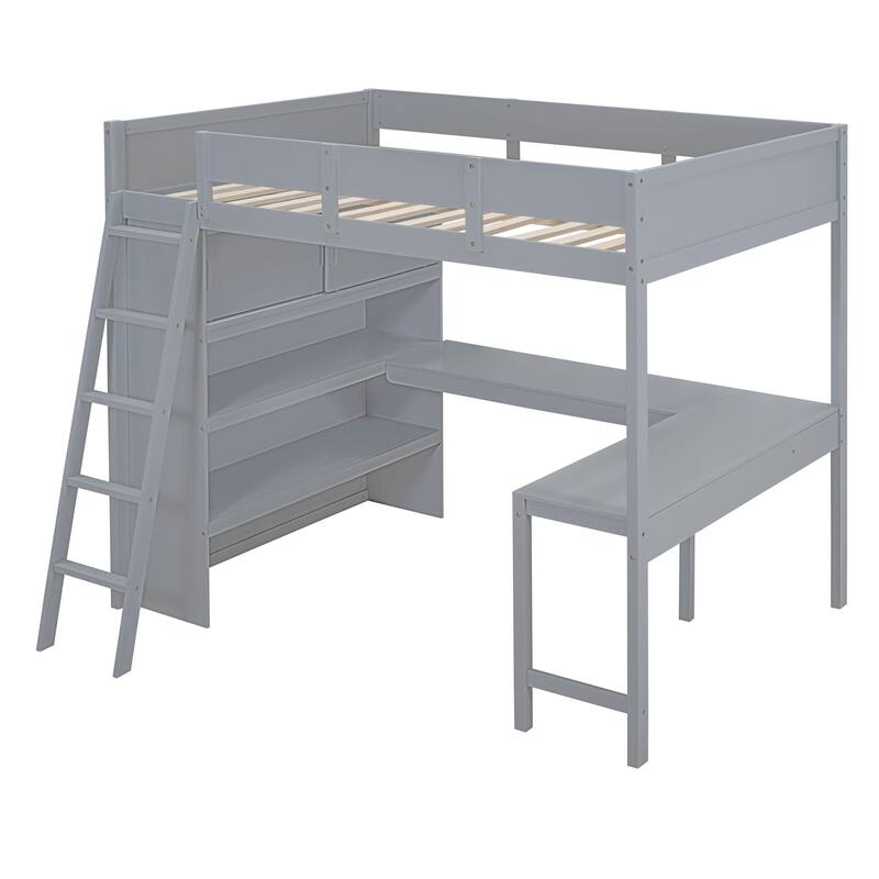Full Size Loft Bed with Desk and Shelf in Gray and White