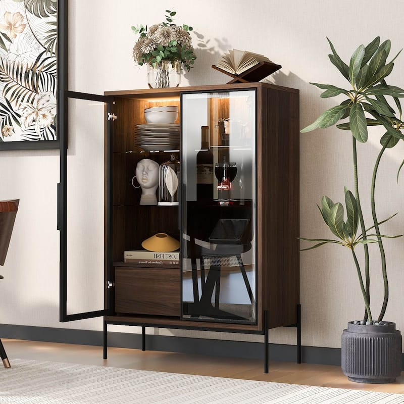 51.2 inch Display Cabinet Bookshelves, Curio Cabinet with Glass Doors & LED Lighting