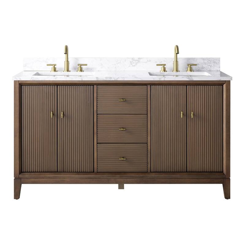 Vanity Art 60" Freestanding Bathroom Vanity with Engineered Marble Top and Sinks