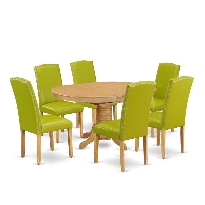 Dinette Set 7Pc Oval Table w/ Leaf & 6 Chairs - Tuscan Style - Green PU Leather - 42-60"