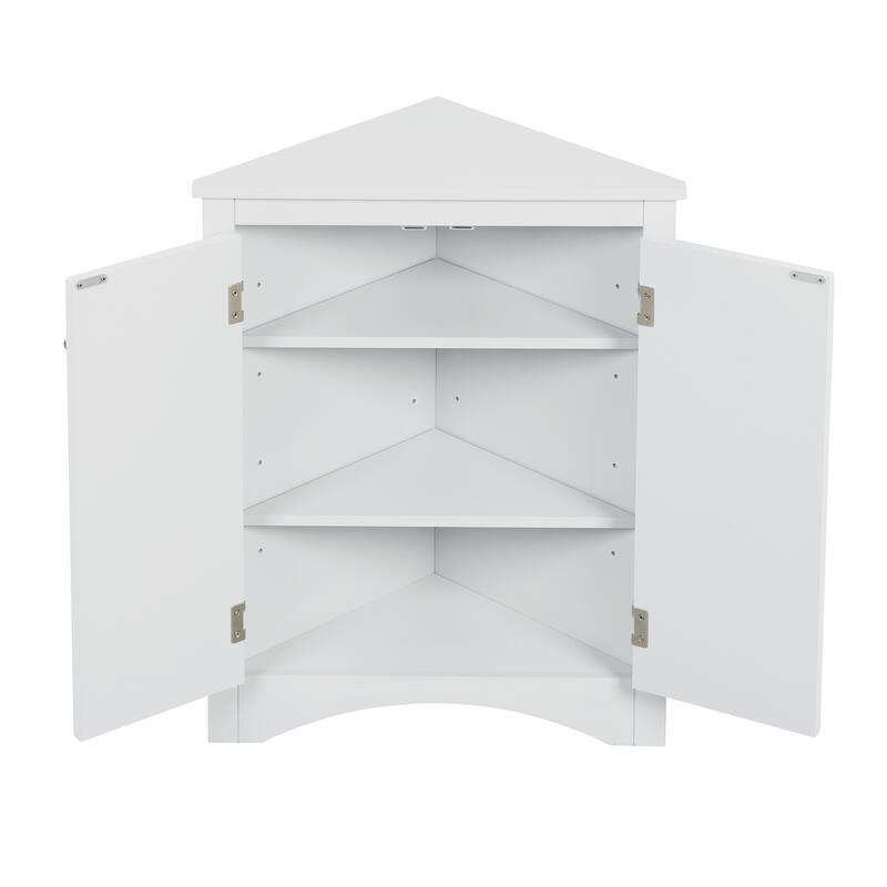 Roomfitters Triangle Corner Bathroom Cabinet, Modern MDF Floor Storage Organizer with Adjustable Shelves & Metal Knobs