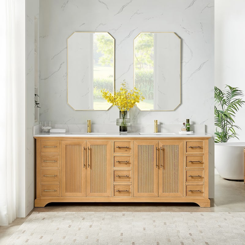 Tokyo Bath Vanity with Quartz Stone Top without Mirror - 84in. - Oak Natural Brown
