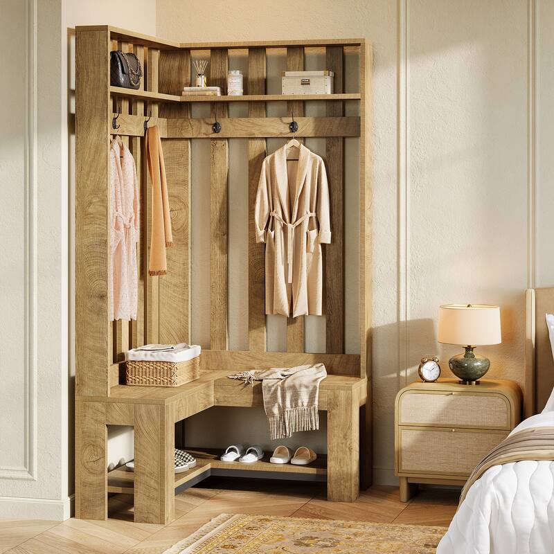 L-Shaped Entryway Hall Tree with Shoe Storage Shelf and 4 Hooks