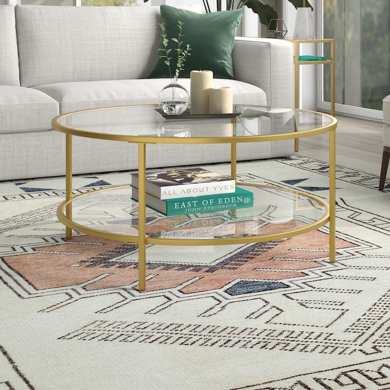 Sivil 36'' Wide Round Coffee Table with Glass Top - 36" Wide - Brass