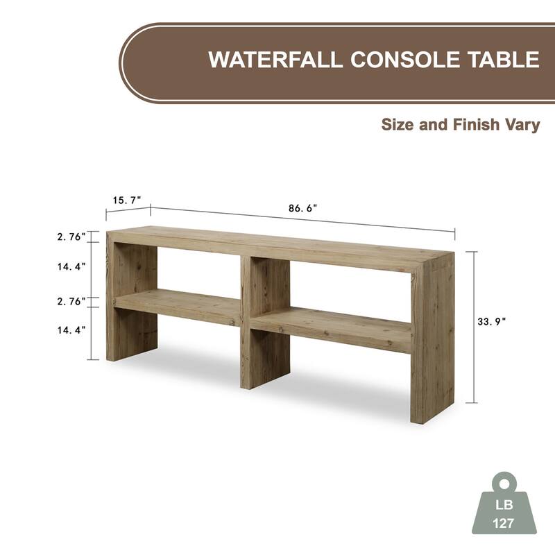 Long Waterfall Console with Double Shelves Weathered Natural Approx 87 inches