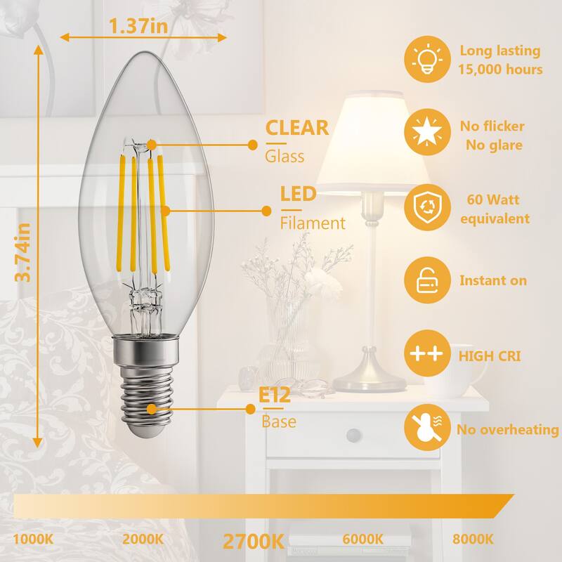 6-Pack E12 LED Candelabra Bulbs, 4W 2700K Warm White, 40W Equivalent, Clear Glass Filament Light Bulbs for Chandeliers - WHITE