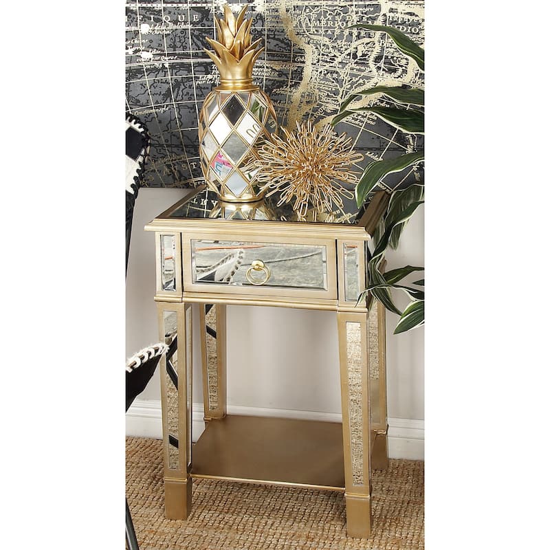 Wood Mirrored Accent Table - Beige - Roche River Decor - 14"W x 18"L x 27"H