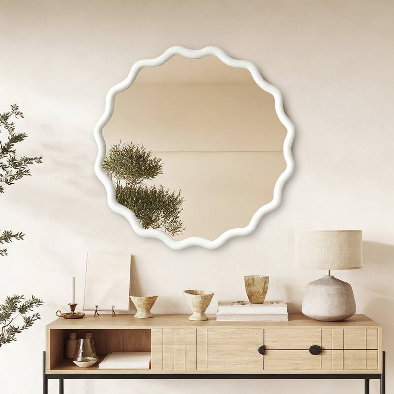 Wavy Round Solid Wood Frame Decorative Mirror Modern Farmhouse Wall Mirror For Bedroom Bathroom Living Room Entryway
