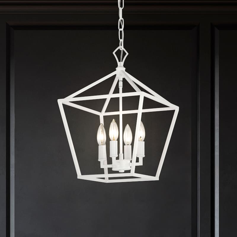 Renzo 12 in. 4-Light Farmhouse White Pendant Light with Caged Metal Shade - N/A
