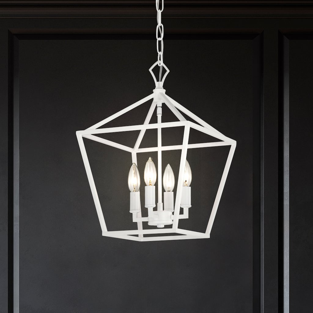 Renzo 12 in. 4-Light Farmhouse White Pendant Light with Caged Metal Shade - N/A