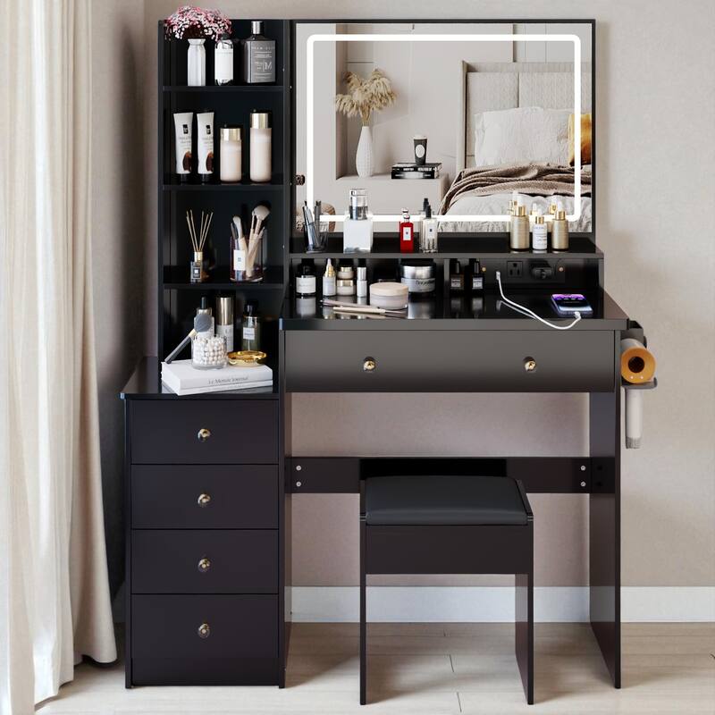 41" Vanity Table Set with Touch LED Mirror (3-Color), 2 AC + 2 USB Power Station, Hair Dryer Stand, Stool