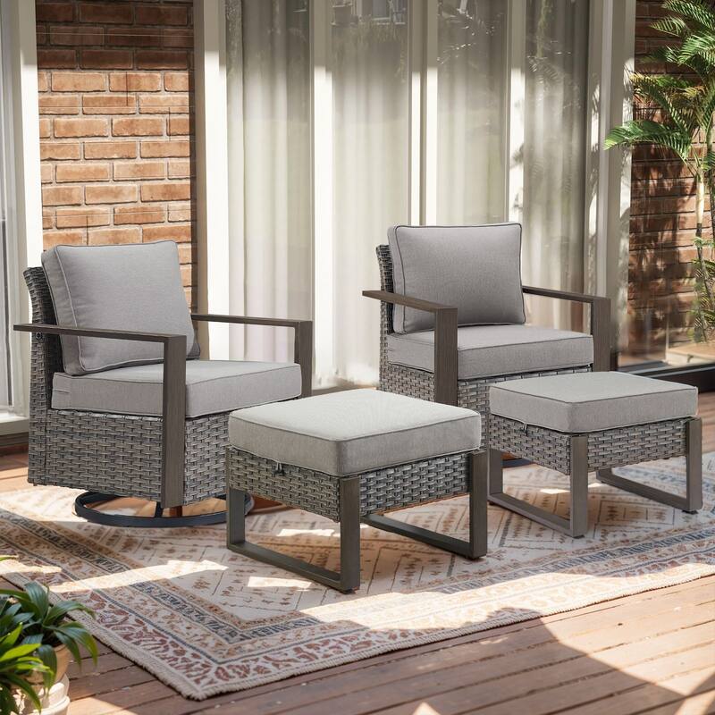 Outdoor Swivel Chair with Thick Cushion - Grey Wicker Grey Cushion - 4PCS Swivel Chair w/ Ottoman
