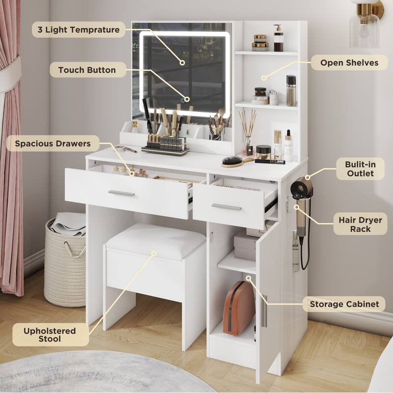 2-Piece Vanity Set with Upholstered Stool, Makeup Vanity Desk with LED Light Mirror and Charging Station