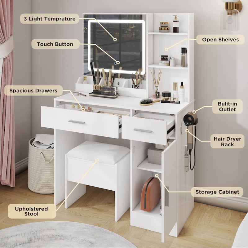 Makeup Vanity Set, Vanity Desk with Stool, LED Light Mirror and Charging Station