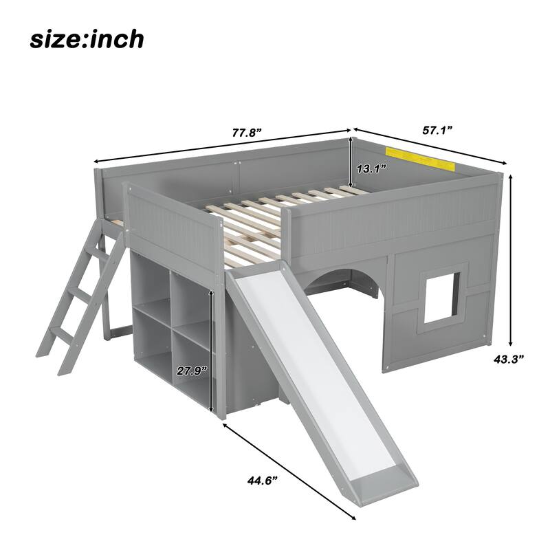 GDFStudio - PlayHaven Modern Wooden Low Loft Bed with Storage Shelves and Slide