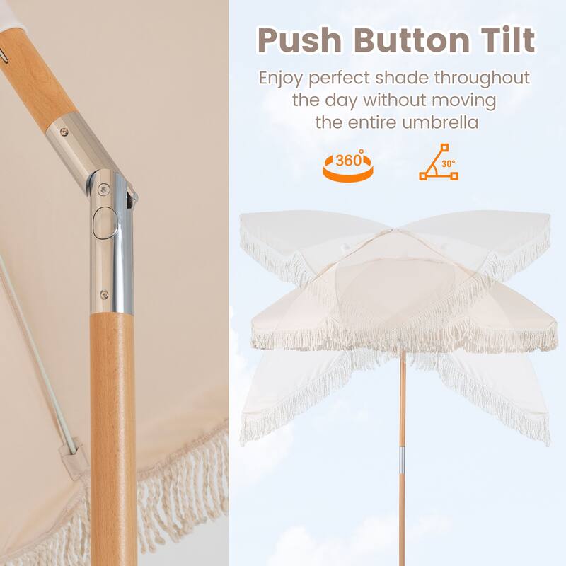 Gymax 6 FT Patio Umbrella w/ Fringe Push Button Tilt 8 Sturdy Ribs