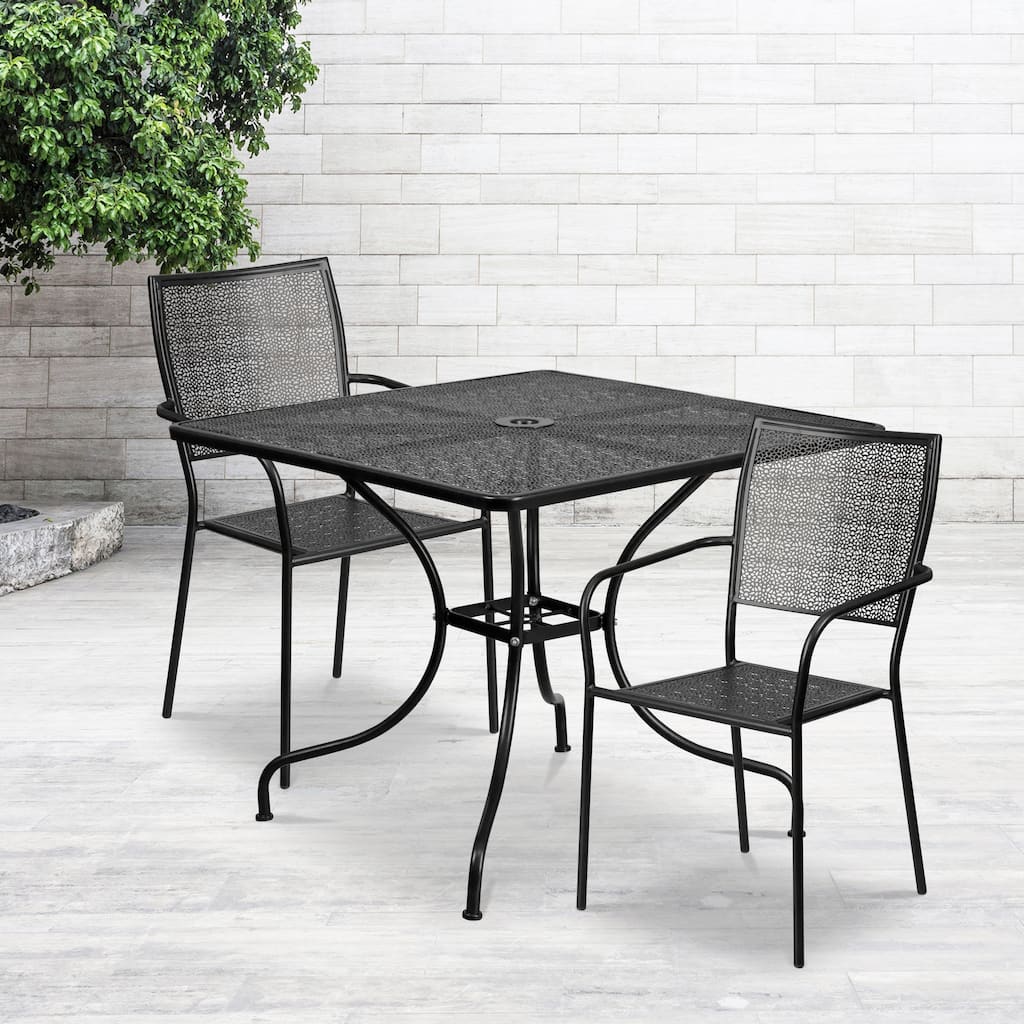 35.5-inch Square Steel 3-piece Patio Table Set with Square Back Chairs