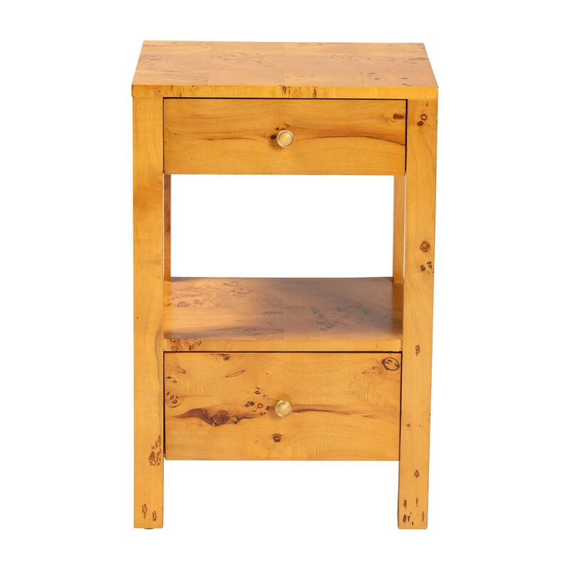 Azmi Modern and Contemporary Natural Light Mappa Real Burl Wood 2-Drawer Nightstand