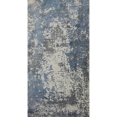 Hand Knotted Oriental Viscose Silk Carpet Modern Abstract Navy Blue & Blues Abstract Area Rug - 4' 0'' X 2' 0''