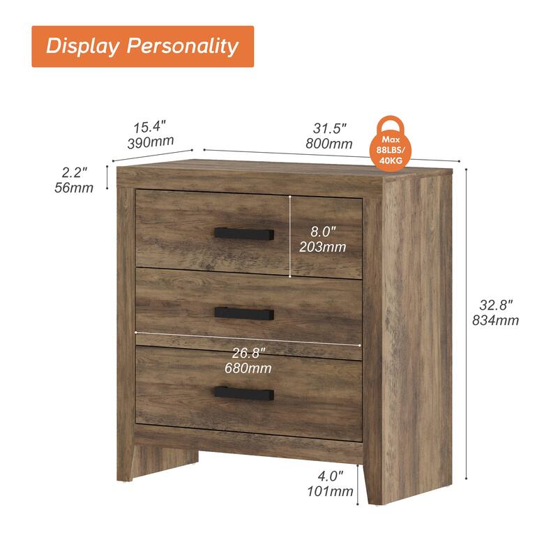 WAMPAT Farmhouse 3-Drawer Dresser, Wooden Chest of Drawers, Modern Storage Organizer & Nightstand for Bedroom, Living Room
