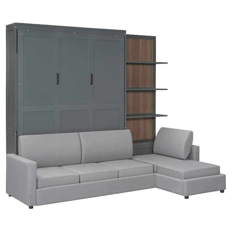 Queen Size Wall Bed with Sofa and Shelves, Gray