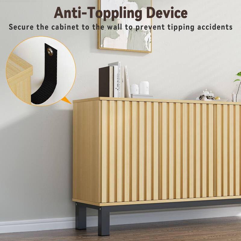 Meyreso 63 Inch Fluted Buffet Cabinet with Shelves & 4 Doors