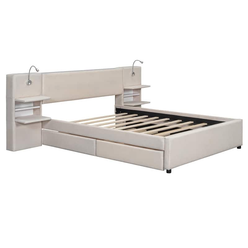 Queen Size Linen Upholstered Platform Bed with Headboard Lights and Shelves, Storage Bed Frame with Drawers and Trundle