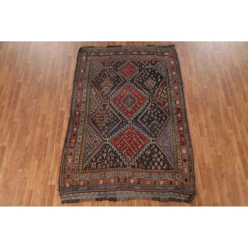 Pre-1900 Antique Blue Qashqai Persian Area Rug Handmade Wool Carpet - 5'1"x 7'8"