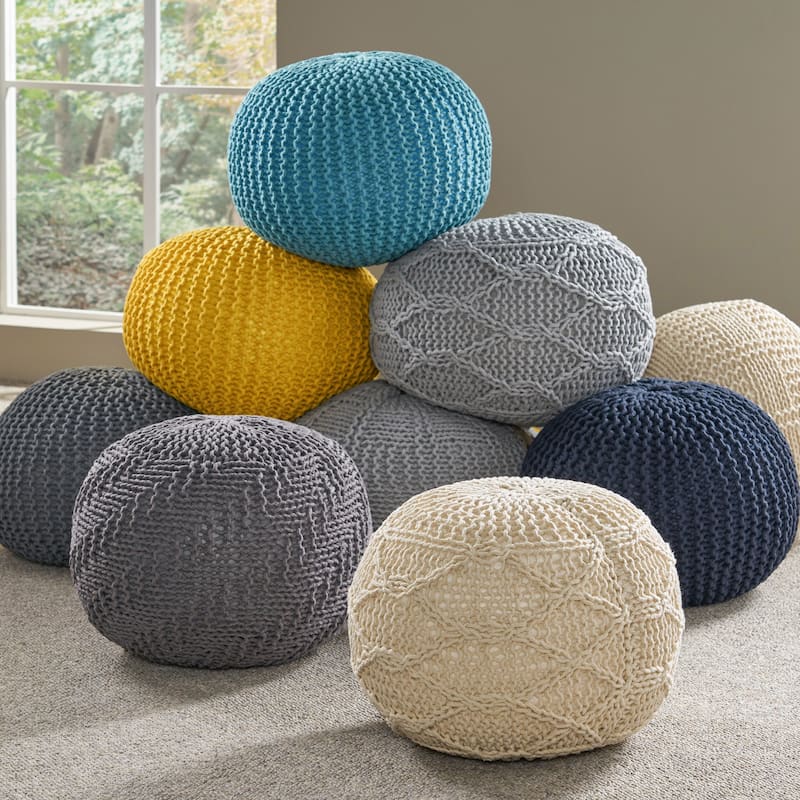 Hortense Indoor Cotton Knitted Round Pouf by Christopher Knight Home