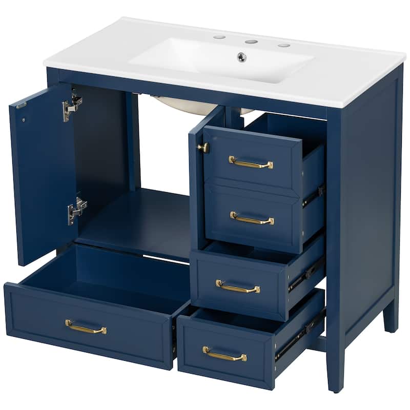 Single Sink Bathroom Vanity Cabinet with 4 Drawers, Cabinet Base & Ceramic Basin Set, 36 Inch