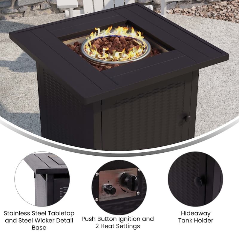 Outdoor 50,000 BTU Metal Fire Pit Table with Lid and Lava Rock