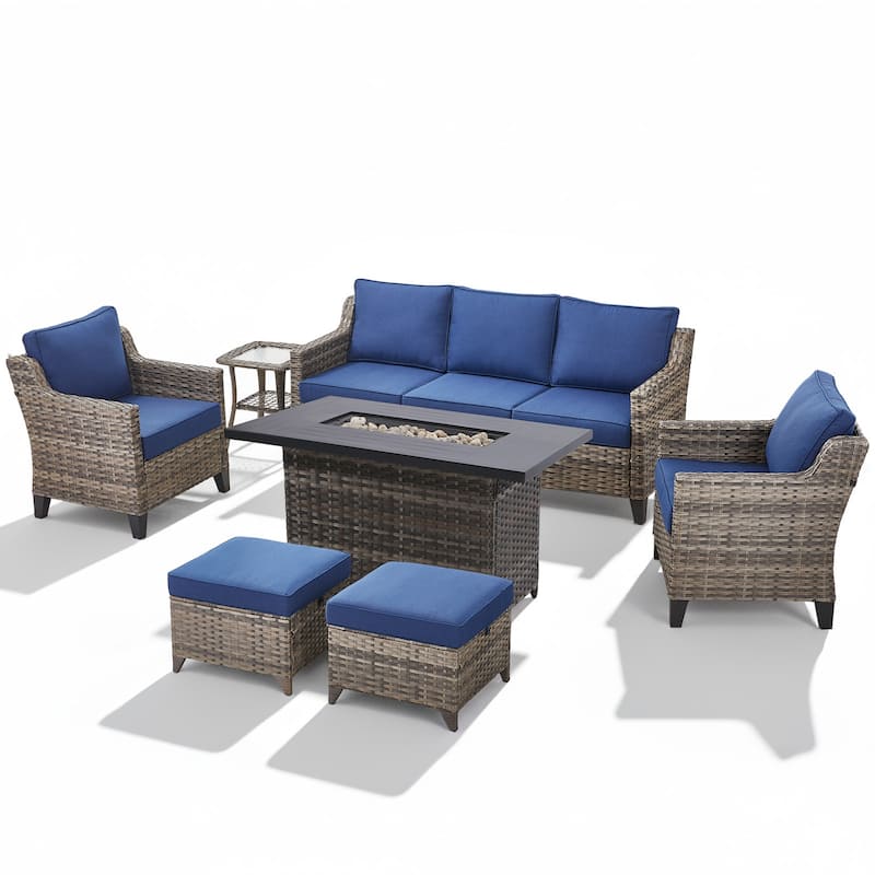 Glissia 7-Piece Gray Wicker Fire Pit Conversation Set with height-adjustable fire pit